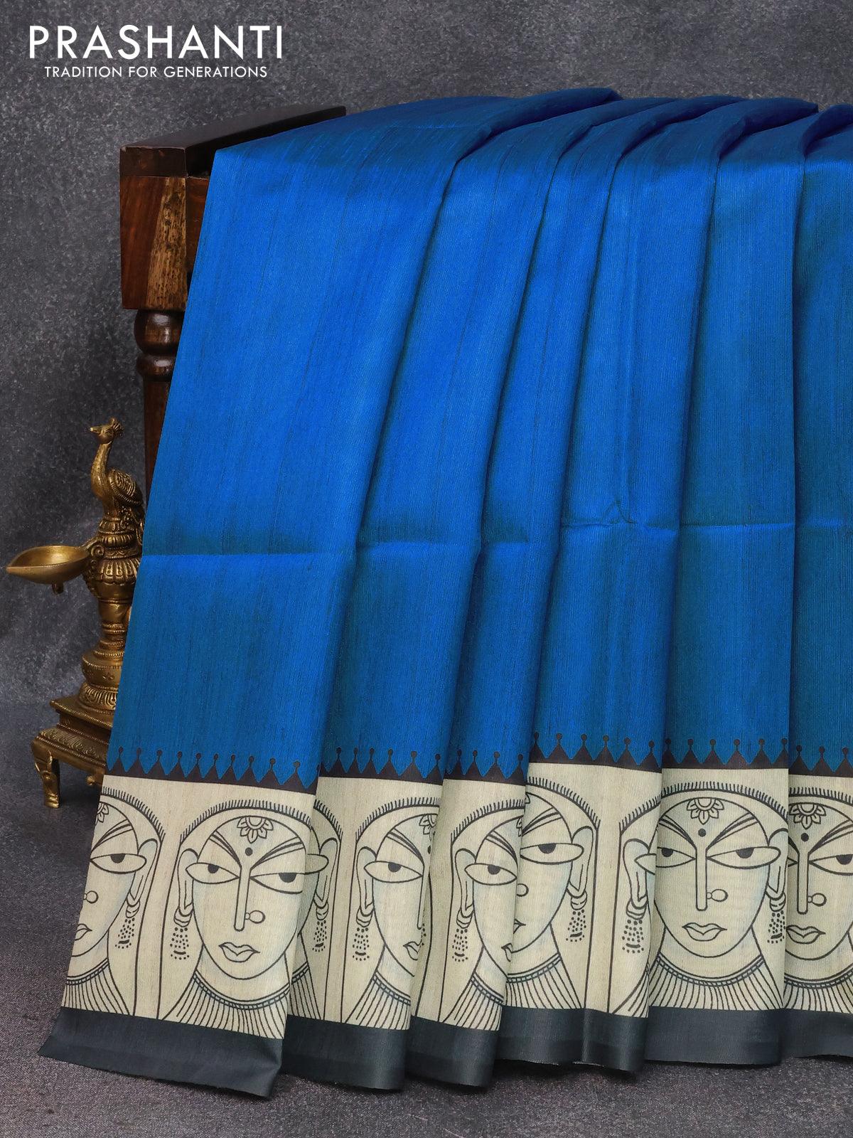 Chappa saree blue and cream with plain body and madhubani printed border - Image 4