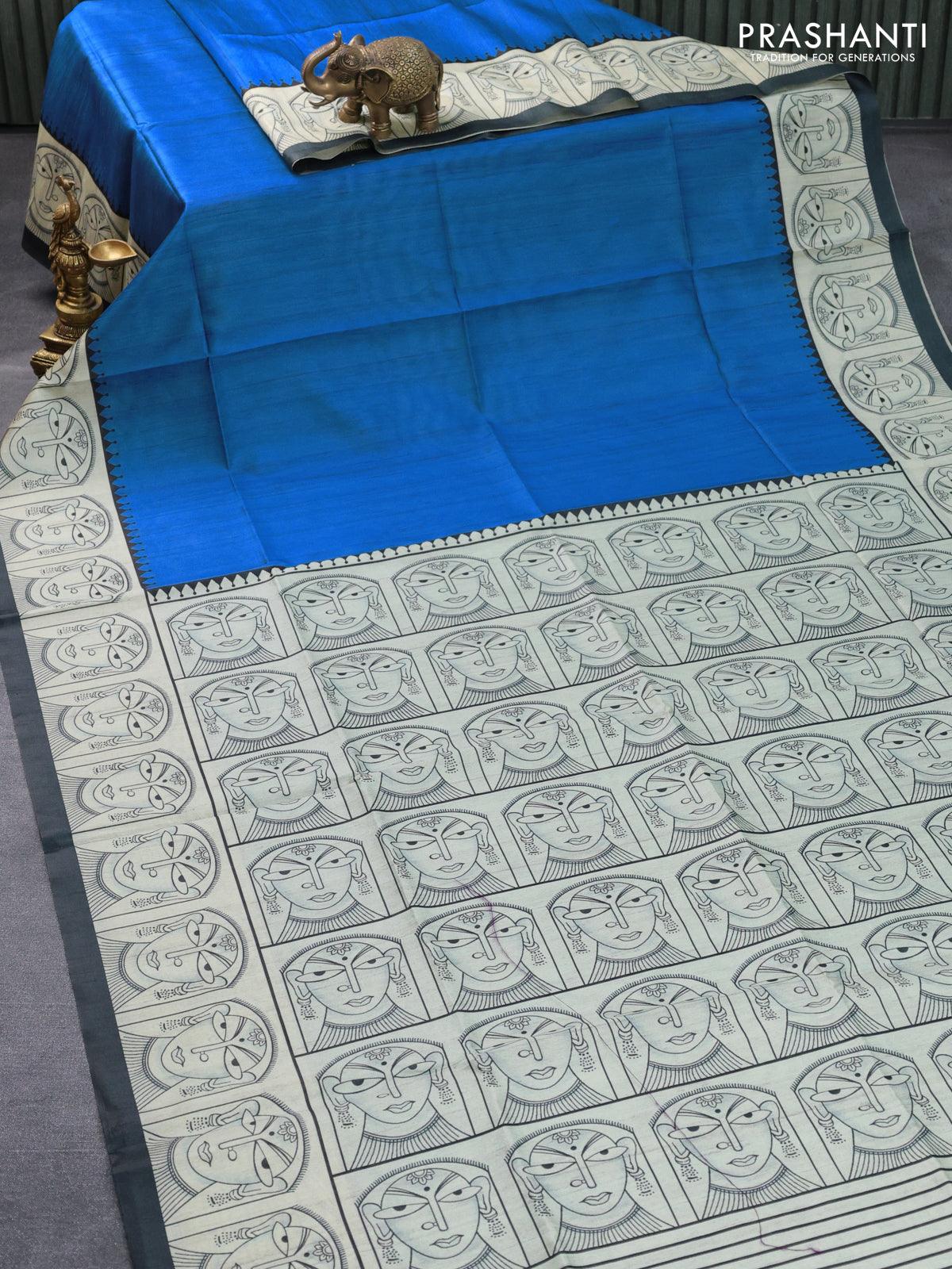 Chappa saree blue and cream with plain body and madhubani printed border - Image 5