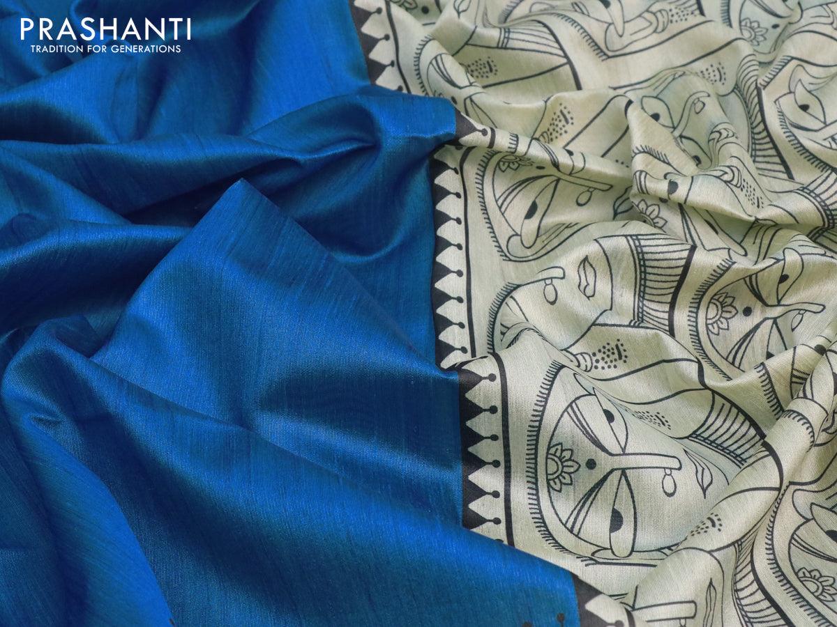 Chappa saree blue and cream with plain body and madhubani printed border - Image 6