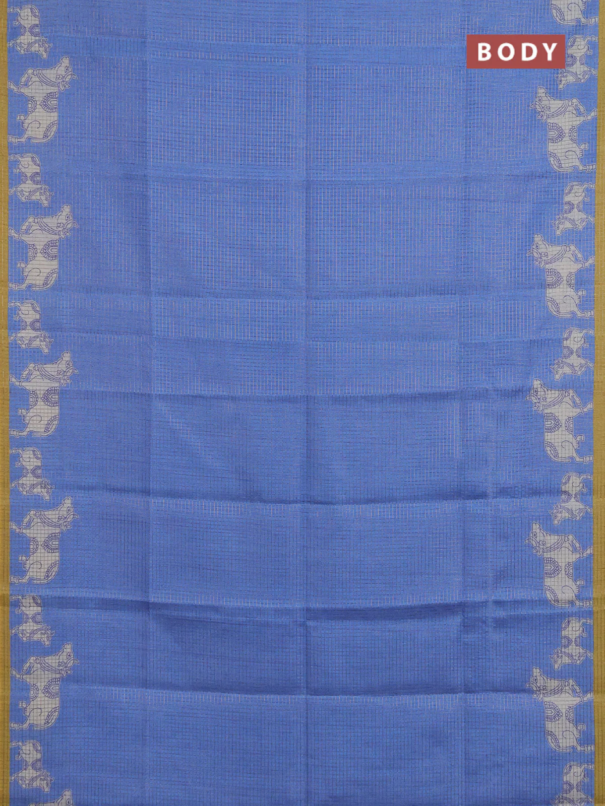 Chappa saree blue and mehendi green with allover small zari checked pattern and pichwai printed pallu - Image 2