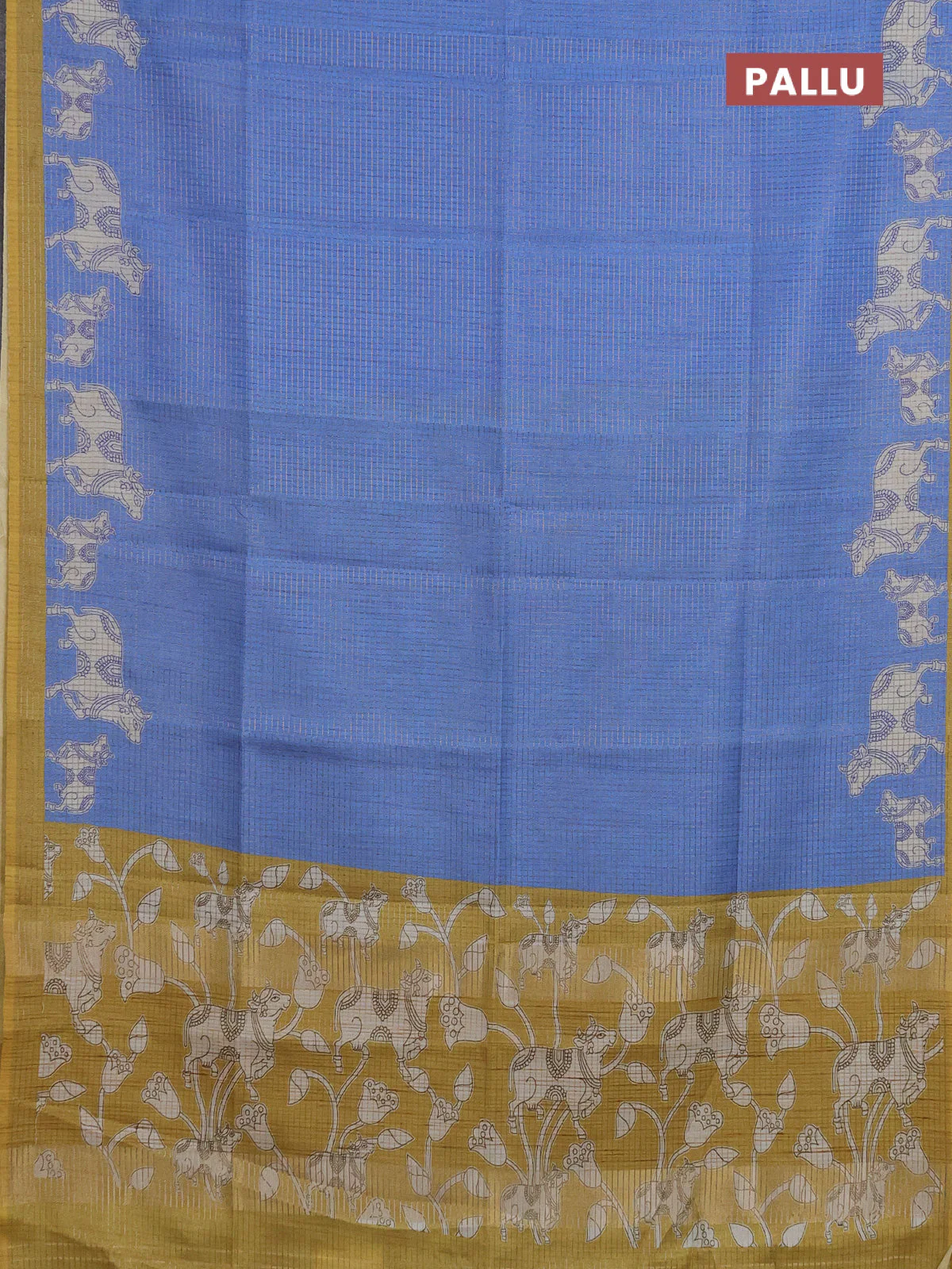 Chappa saree blue and mehendi green with allover small zari checked pattern and pichwai printed pallu - Image 3