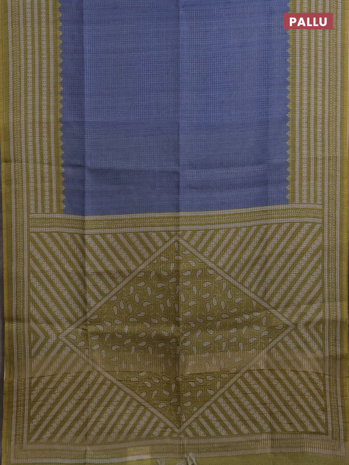 Chappa saree blue shade and lime green with allover small zari checked pattern and printed border - Image 3