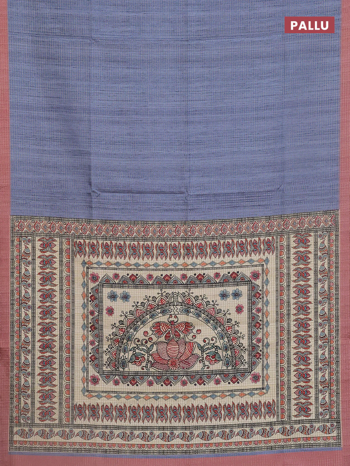 Chappa saree blue shade and peach shade with allover zari checked pattern and madhubani printed pallu - Image 3