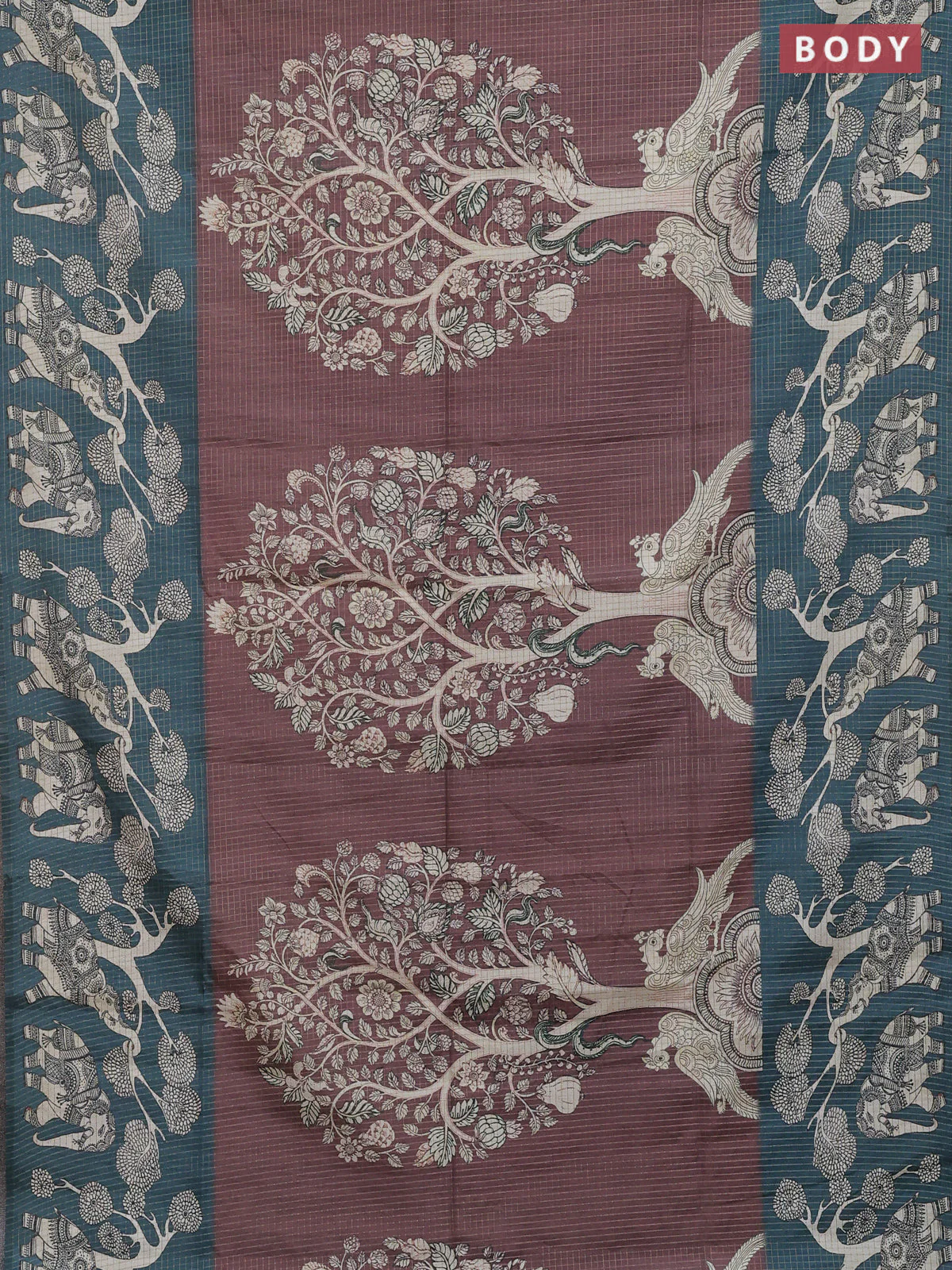 Chappa saree brown and peacock green with allover zari checked pattern and printed pallu - Image 2