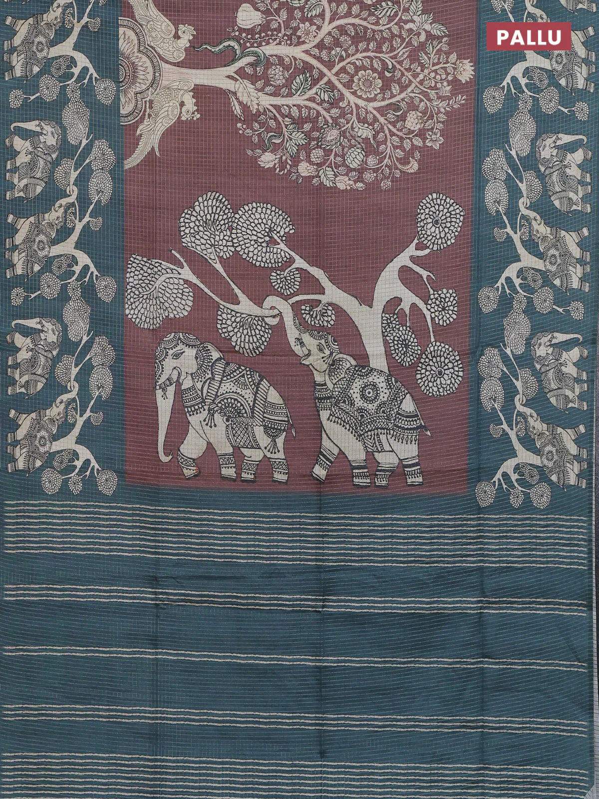 Chappa saree brown and peacock green with allover zari checked pattern and printed pallu - Image 3