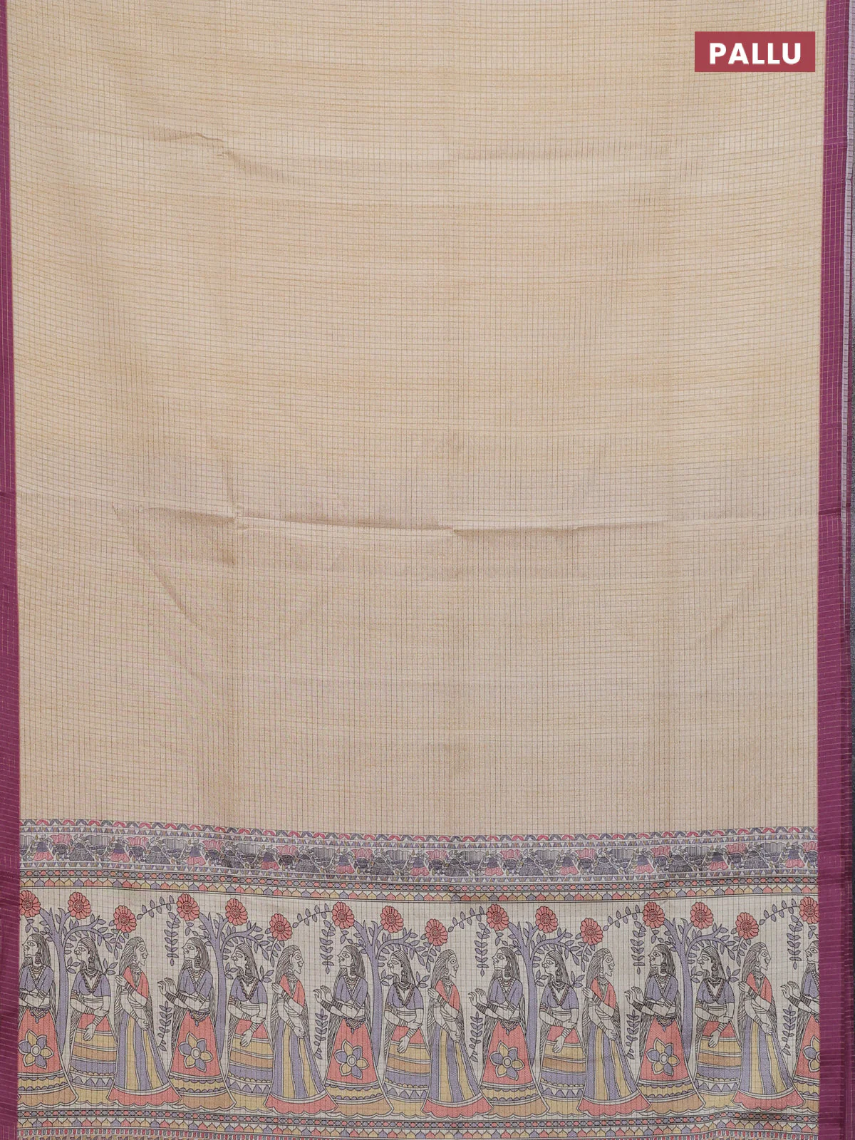 Chappa saree cream and wine shade with allover zari checked pattern and madhubani printed pallu - Image 3