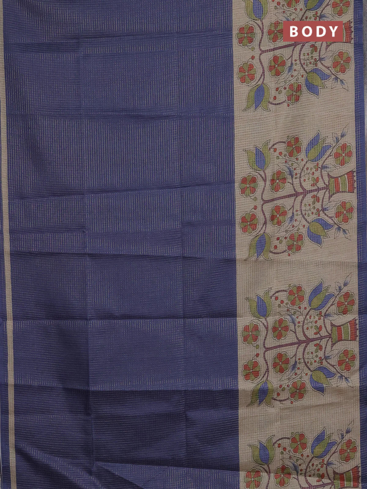 Chappa saree dark blue and beige with allover small zari checked pattern and floral digital printed pallu - Image 2