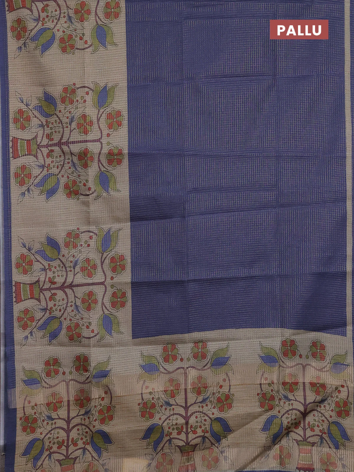 Chappa saree dark blue and beige with allover small zari checked pattern and floral digital printed pallu - Image 3
