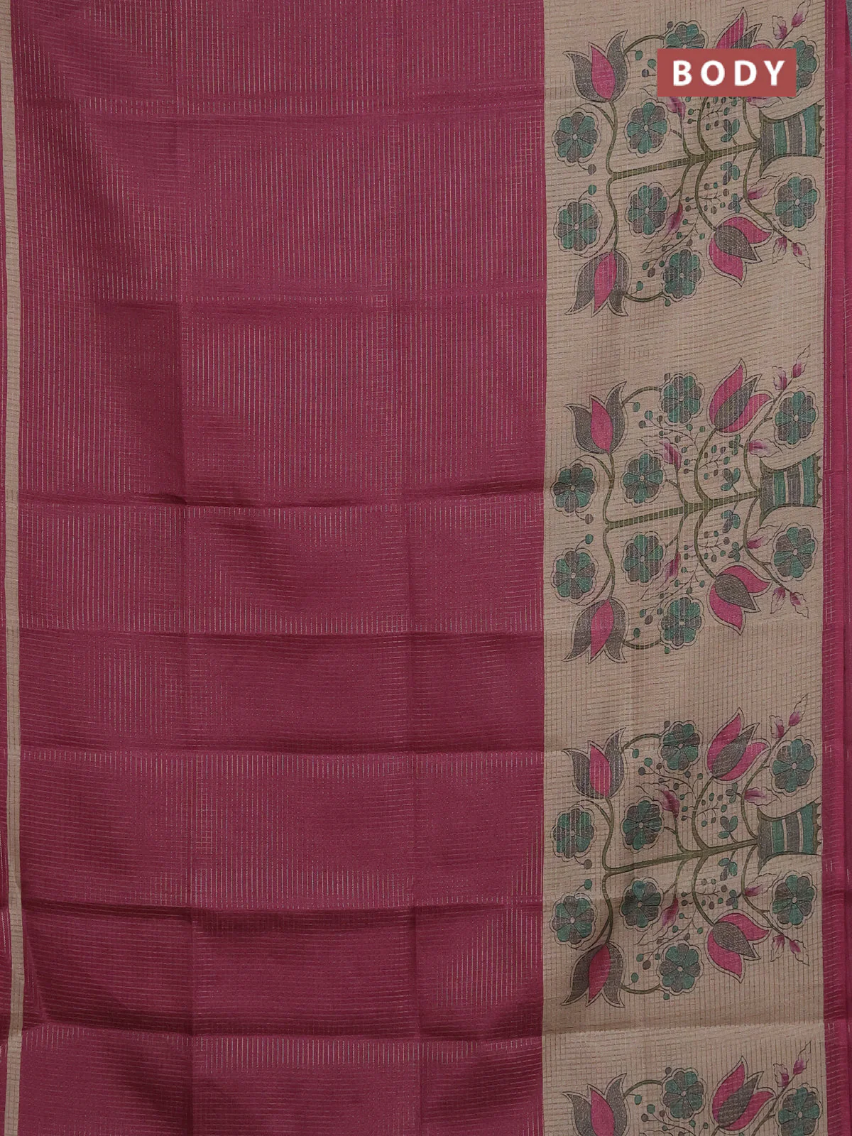 Chappa saree dark magenta pink and beige with allover small zari checked pattern and floral digital printed pallu - Image 2