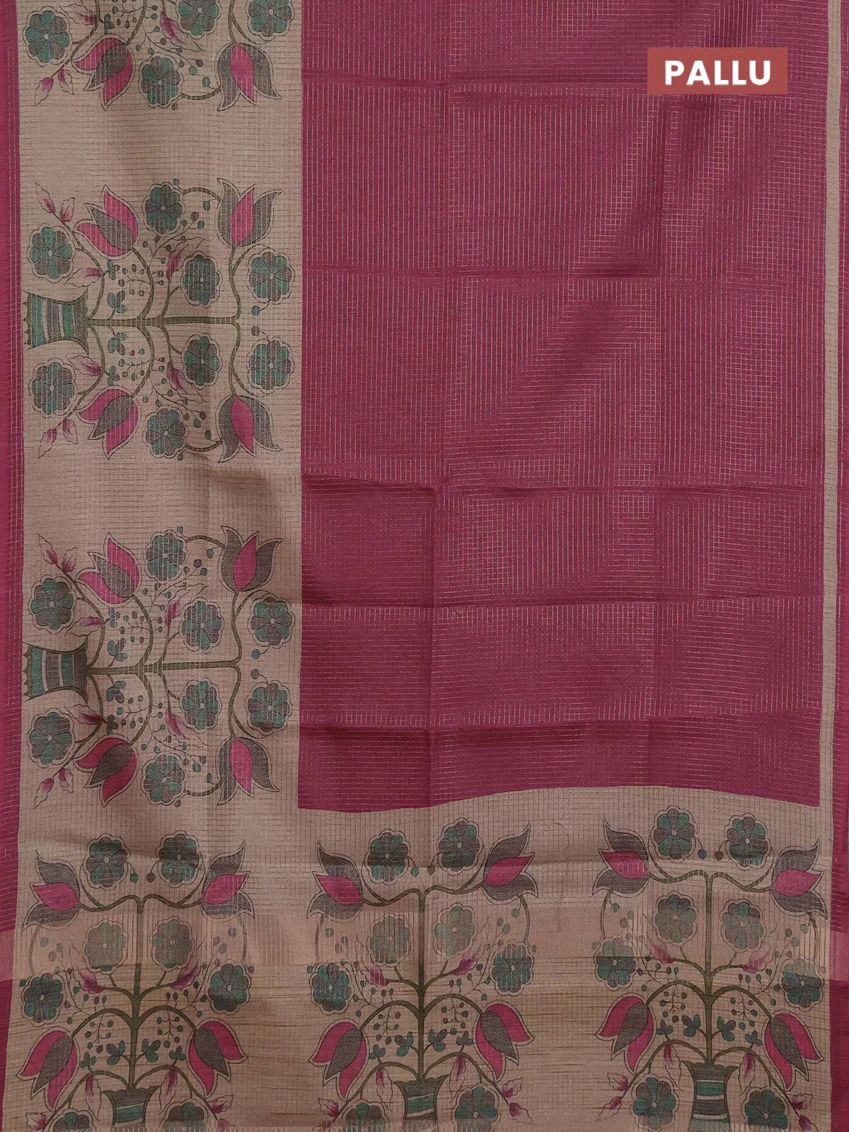 Chappa saree dark magenta pink and beige with allover small zari checked pattern and floral digital printed pallu - Image 3