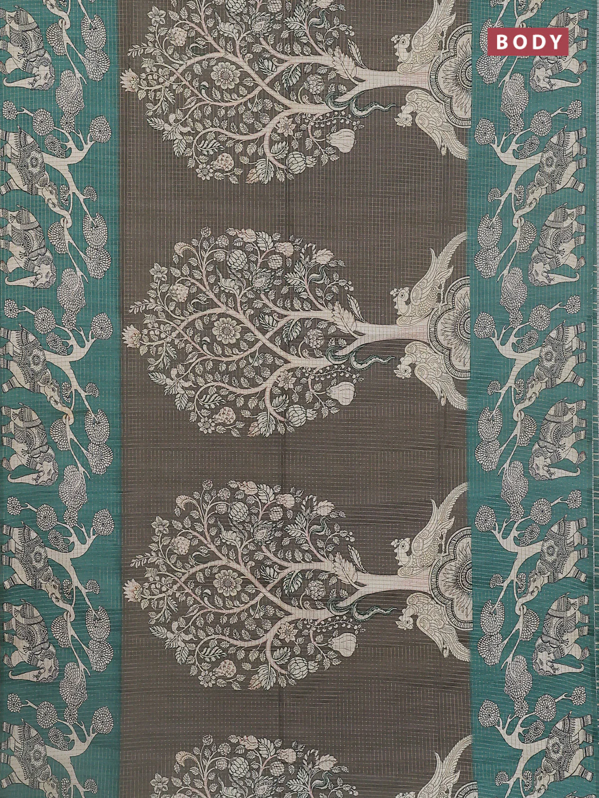Chappa saree dark military green and green with allover zari checked pattern and printed pallu - Image 2