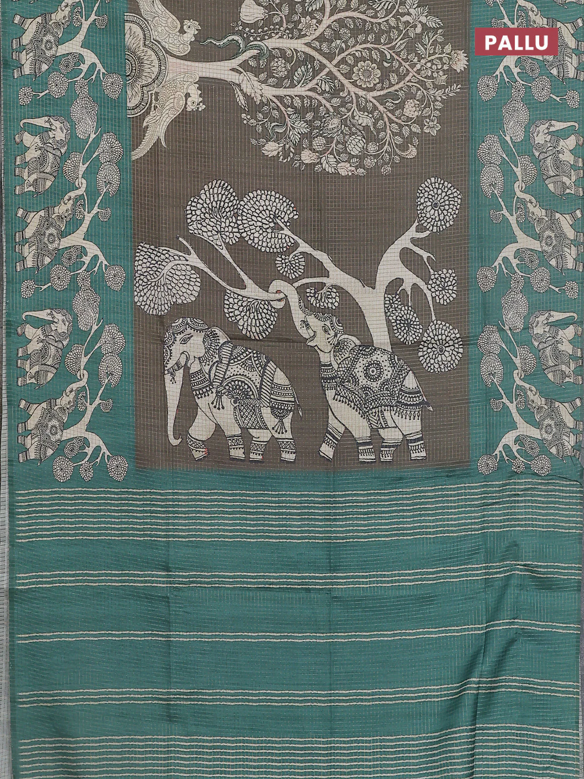 Chappa saree dark military green and green with allover zari checked pattern and printed pallu - Image 3