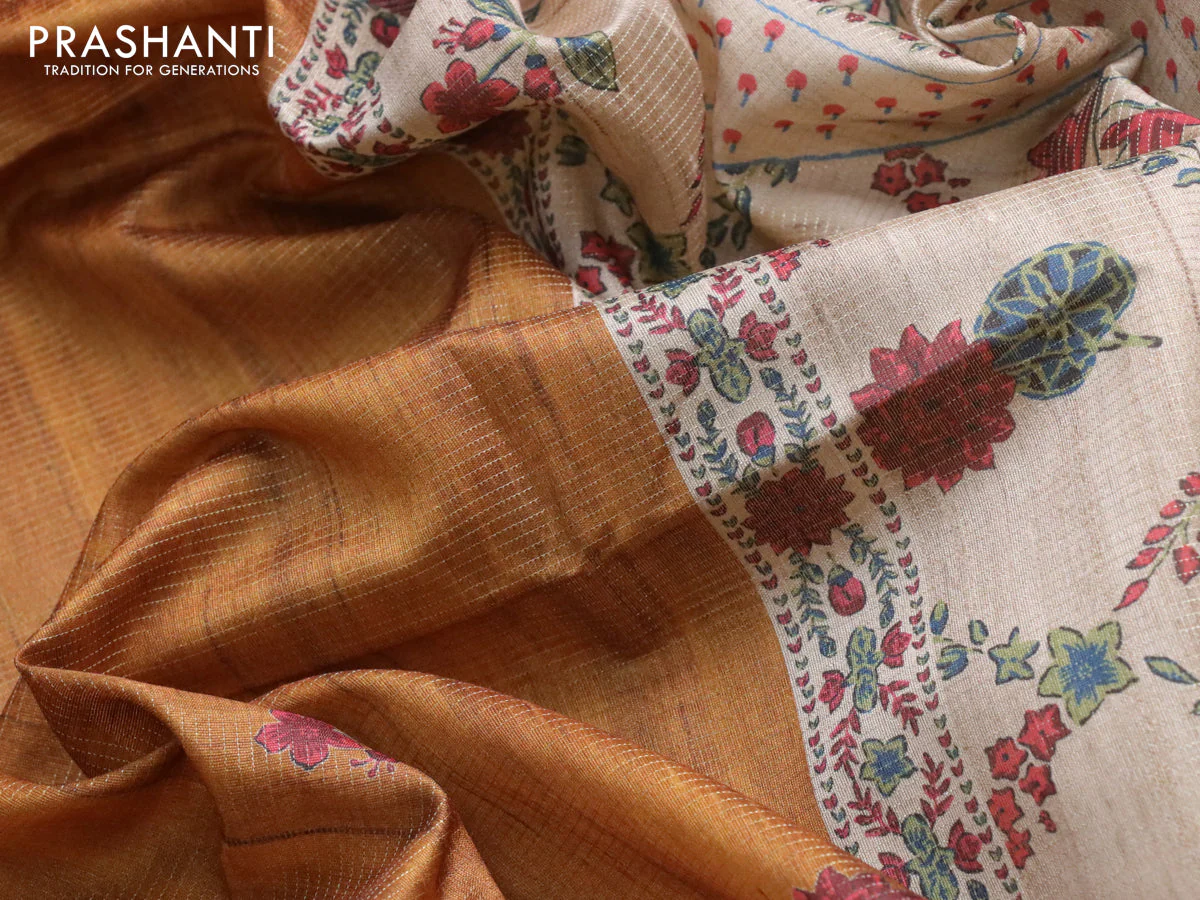 Chappa saree dark mustard and beige with allover vairosi pattern & butta prints and printed border - Image 3