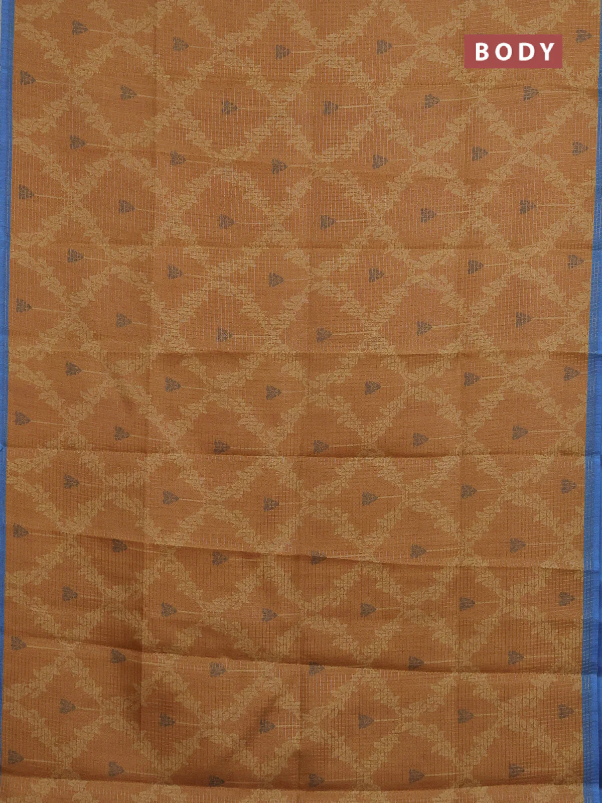 Chappa saree dark mustard and blue with allover small zari checked pattern & prints and piping border - Image 2