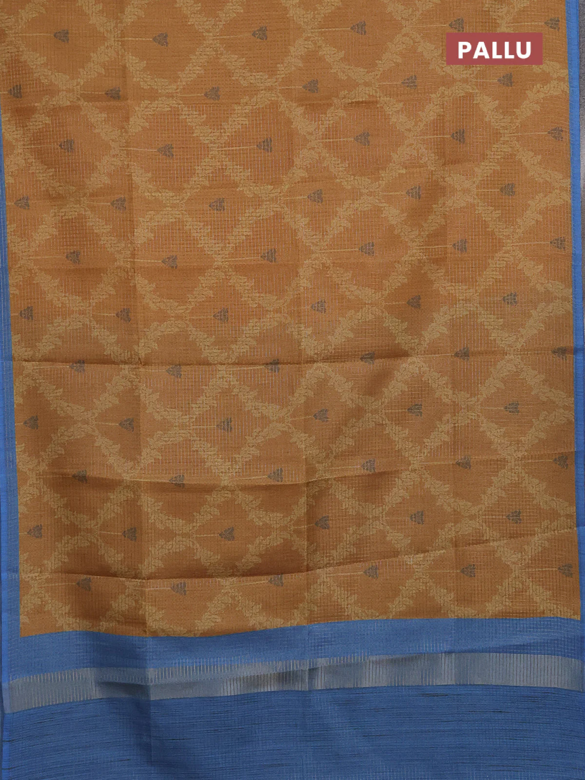 Chappa saree dark mustard and blue with allover small zari checked pattern & prints and piping border - Image 3