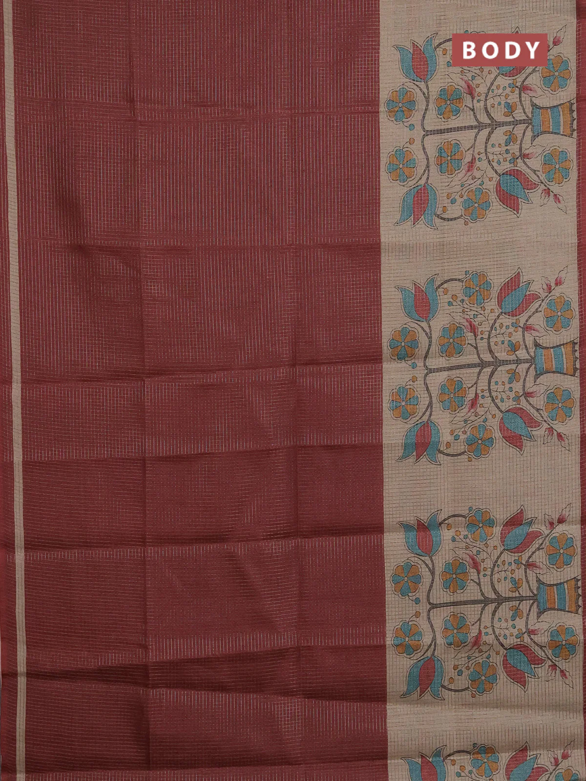 Chappa saree deep maroon and beige with allover small zari checked pattern and floral digital printed pallu - Image 2