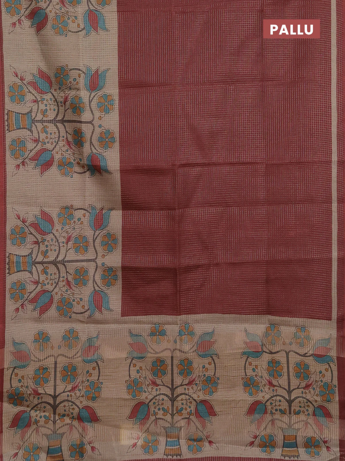 Chappa saree deep maroon and beige with allover small zari checked pattern and floral digital printed pallu - Image 3