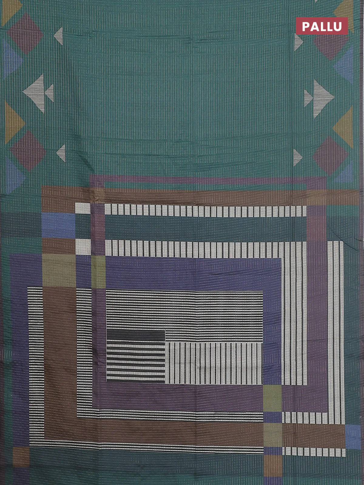 Chappa saree green and grey shade with allover zari checked pattern and long geometric printed border - Image 3