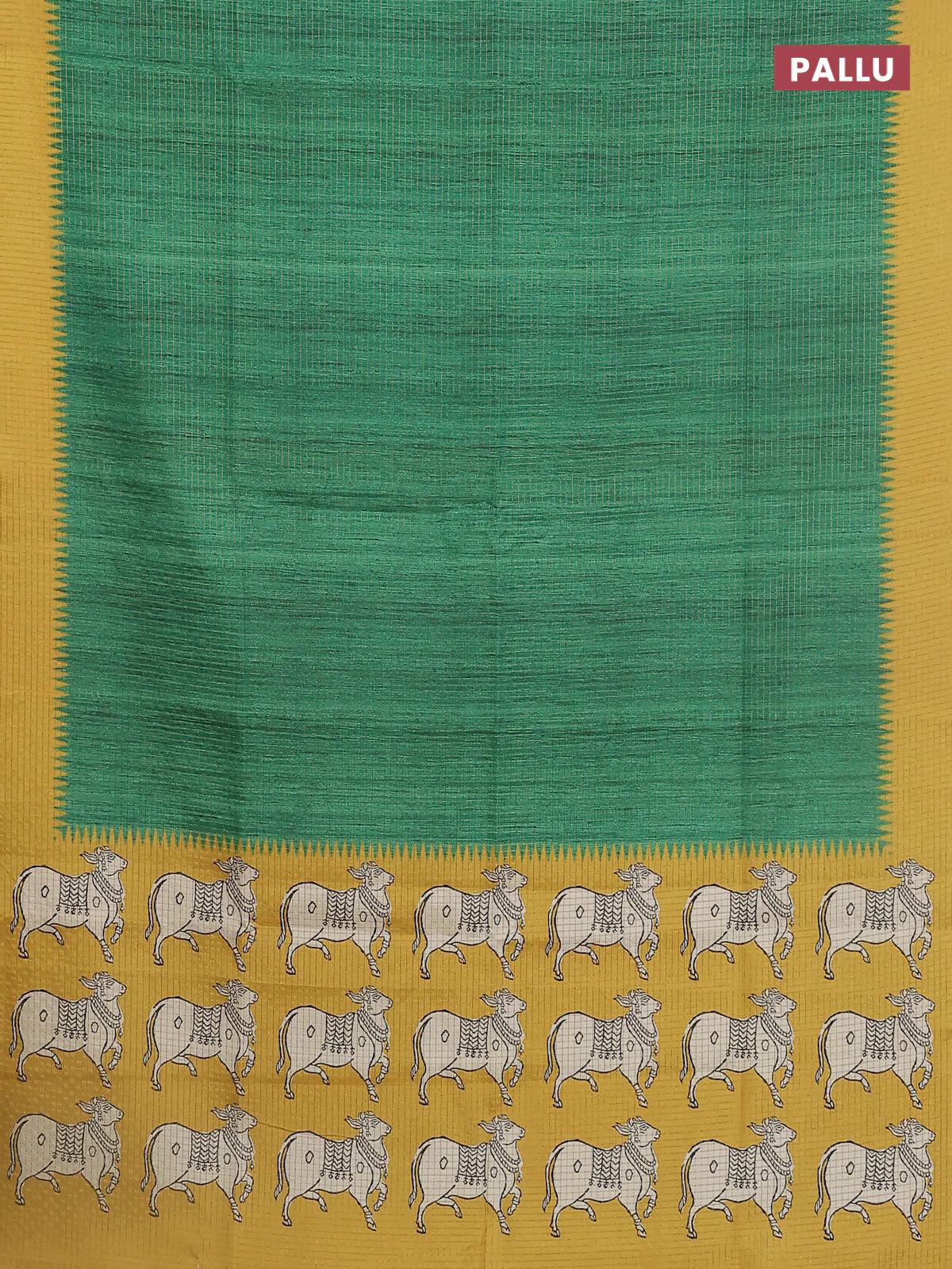 Chappa saree green and yellow with allover zari checked pattern and printed pallu - Image 3