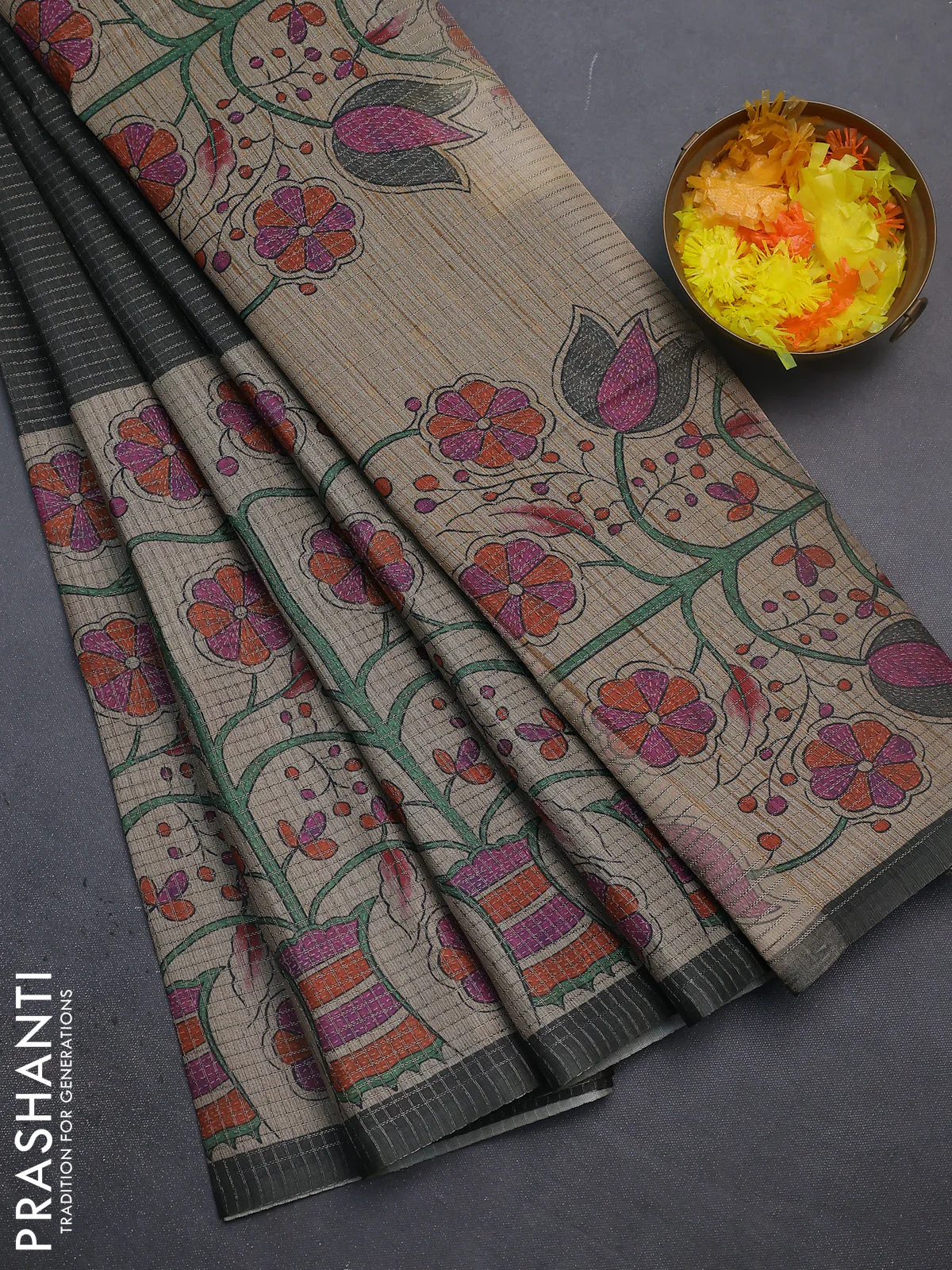 Chappa saree grey and beige with allover small zari checked pattern and floral digital printed pallu