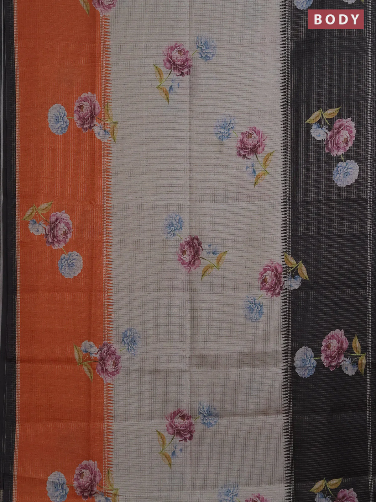 Chappa saree grey and black with allover small zari checked pattern & floral digital prints and ganga jamuna border - Image 2
