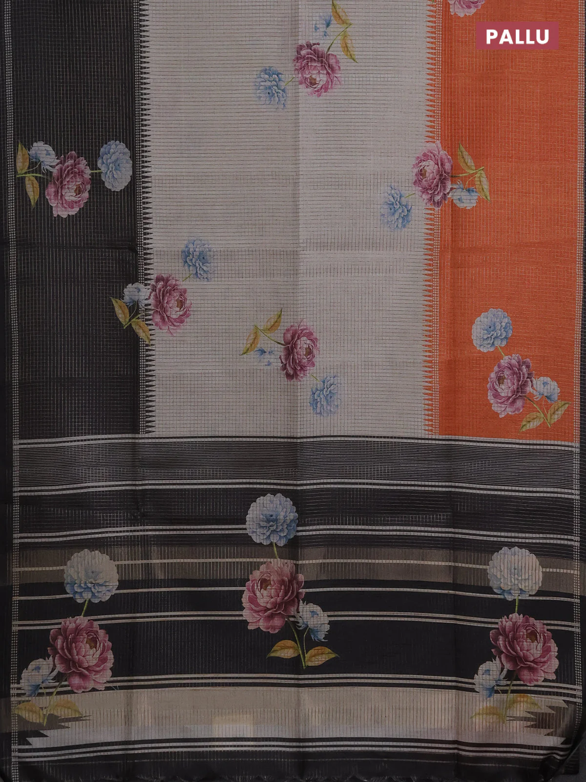 Chappa saree grey and black with allover small zari checked pattern & floral digital prints and ganga jamuna border - Image 3