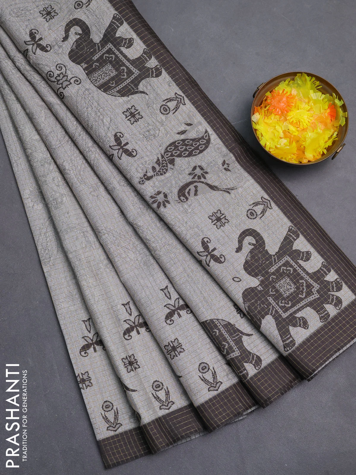 Chappa saree grey and black with allover zari checked pattern and printed pallu