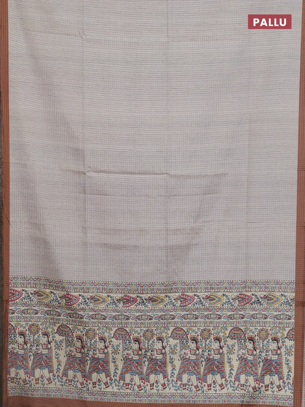 Chappa saree grey and brown with allover zari checked pattern and madhubani printed pallu - Image 3