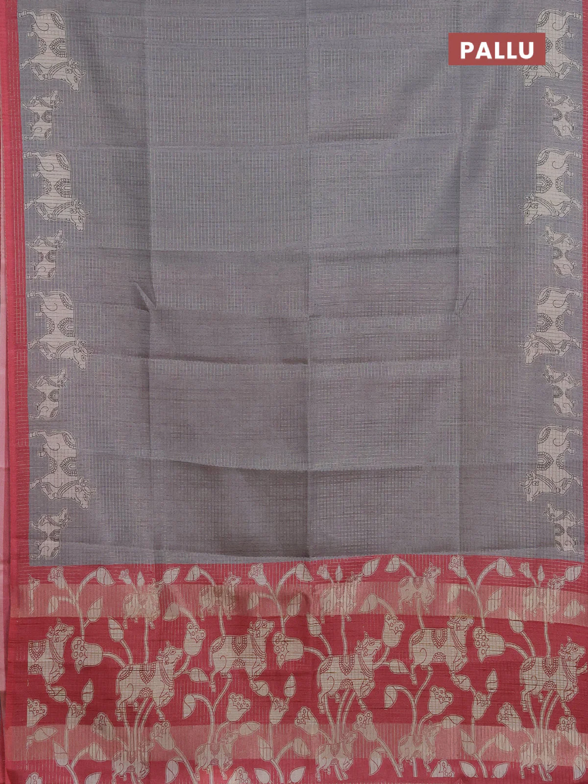 Chappa saree grey and maroon with allover small zari checked pattern and pichwai printed pallu - Image 3