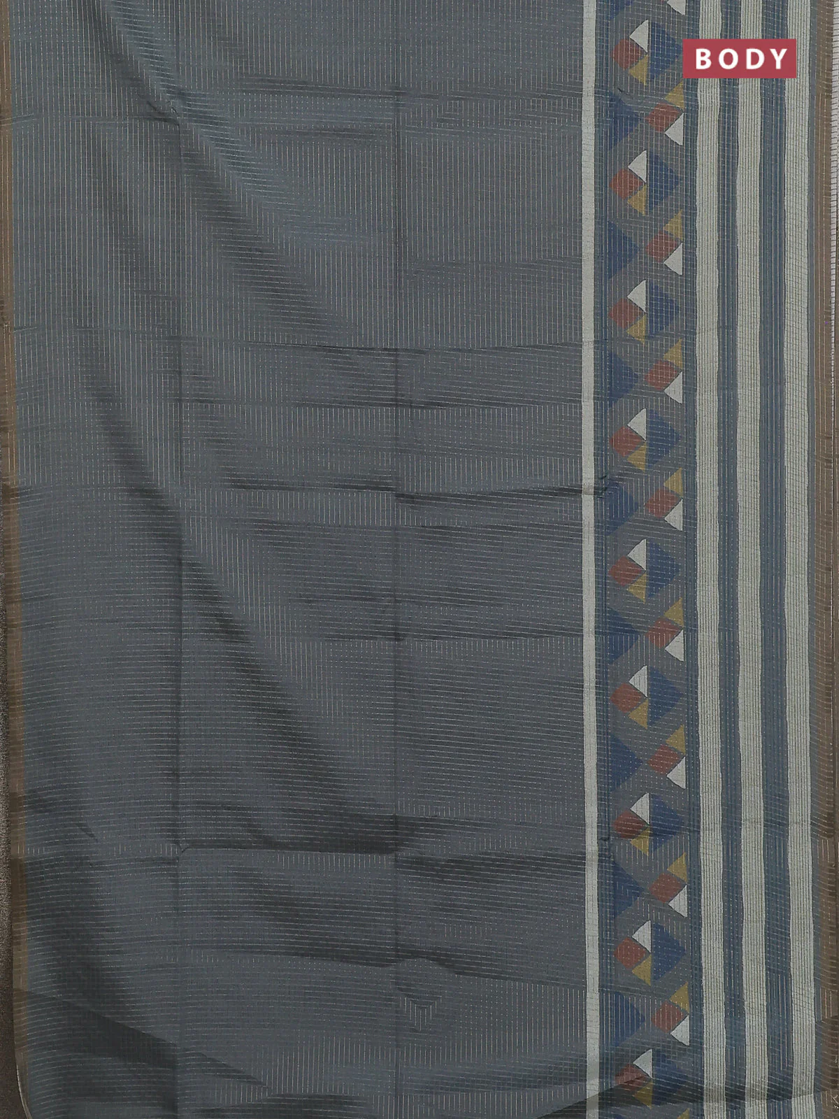 Chappa saree grey and military green with allover zari checked pattern and long geometric printed border - Image 2