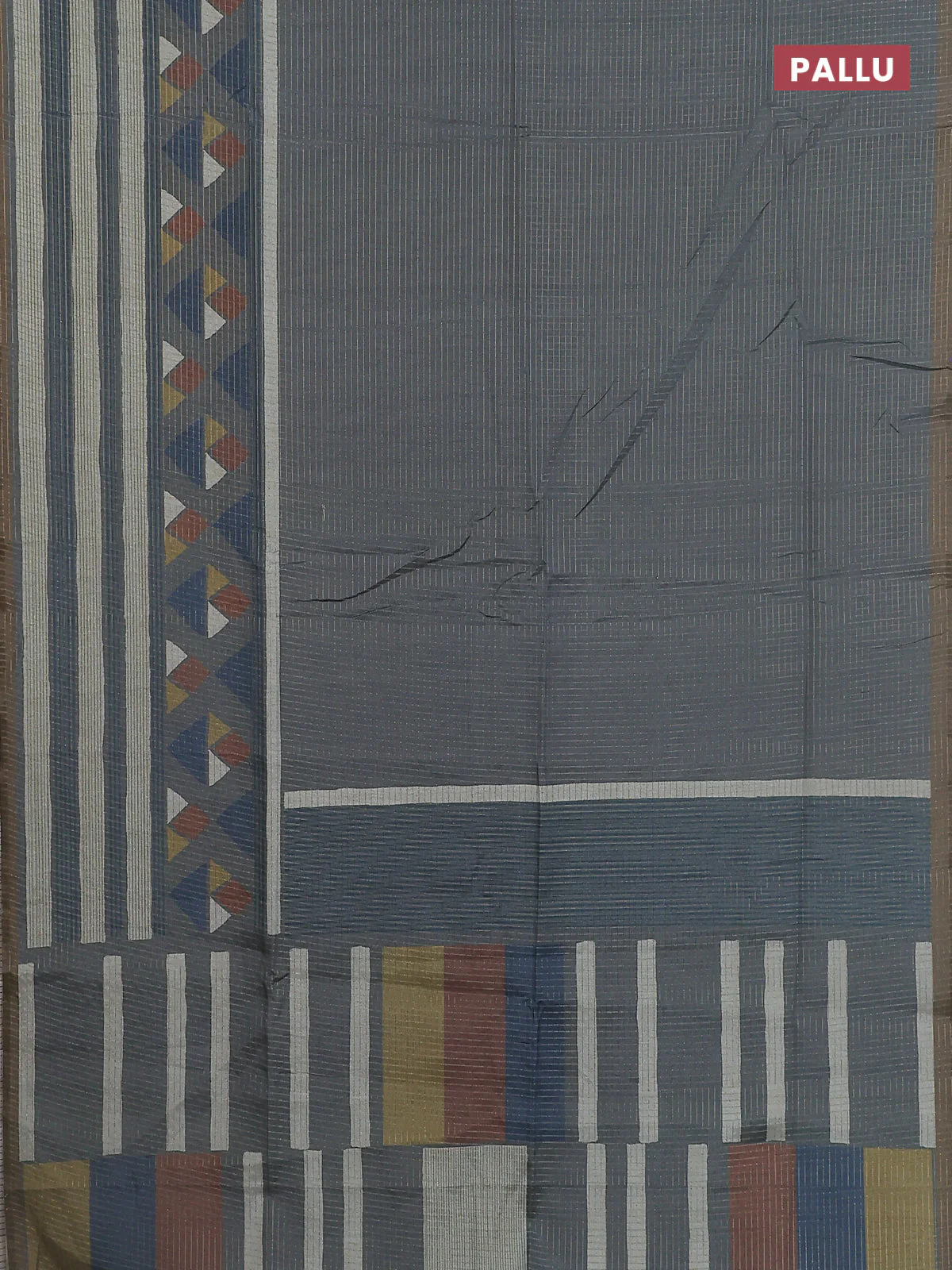 Chappa saree grey and military green with allover zari checked pattern and long geometric printed border - Image 3