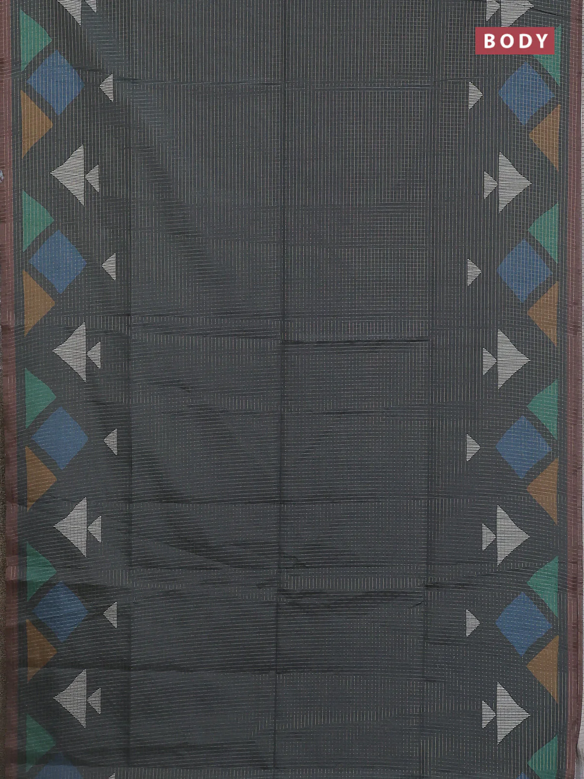 Chappa saree grey and pastel brown with allover zari checked pattern and long geometric printed border - Image 2