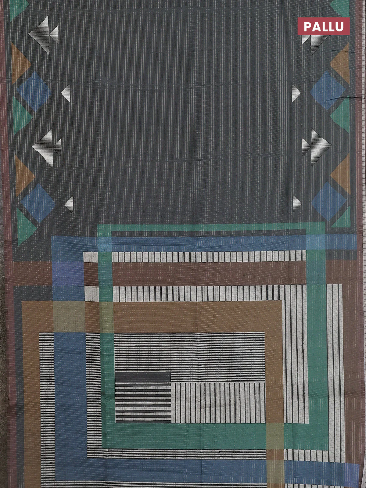 Chappa saree grey and pastel brown with allover zari checked pattern and long geometric printed border - Image 3