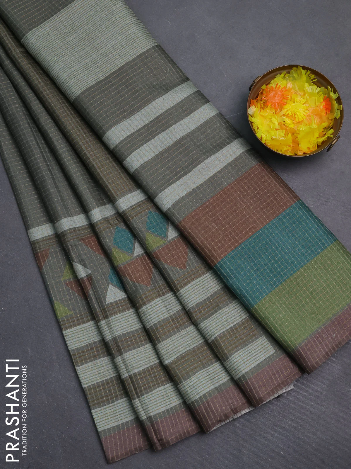 Chappa saree grey and pastel brown with allover zari checked pattern and long geometric printed border