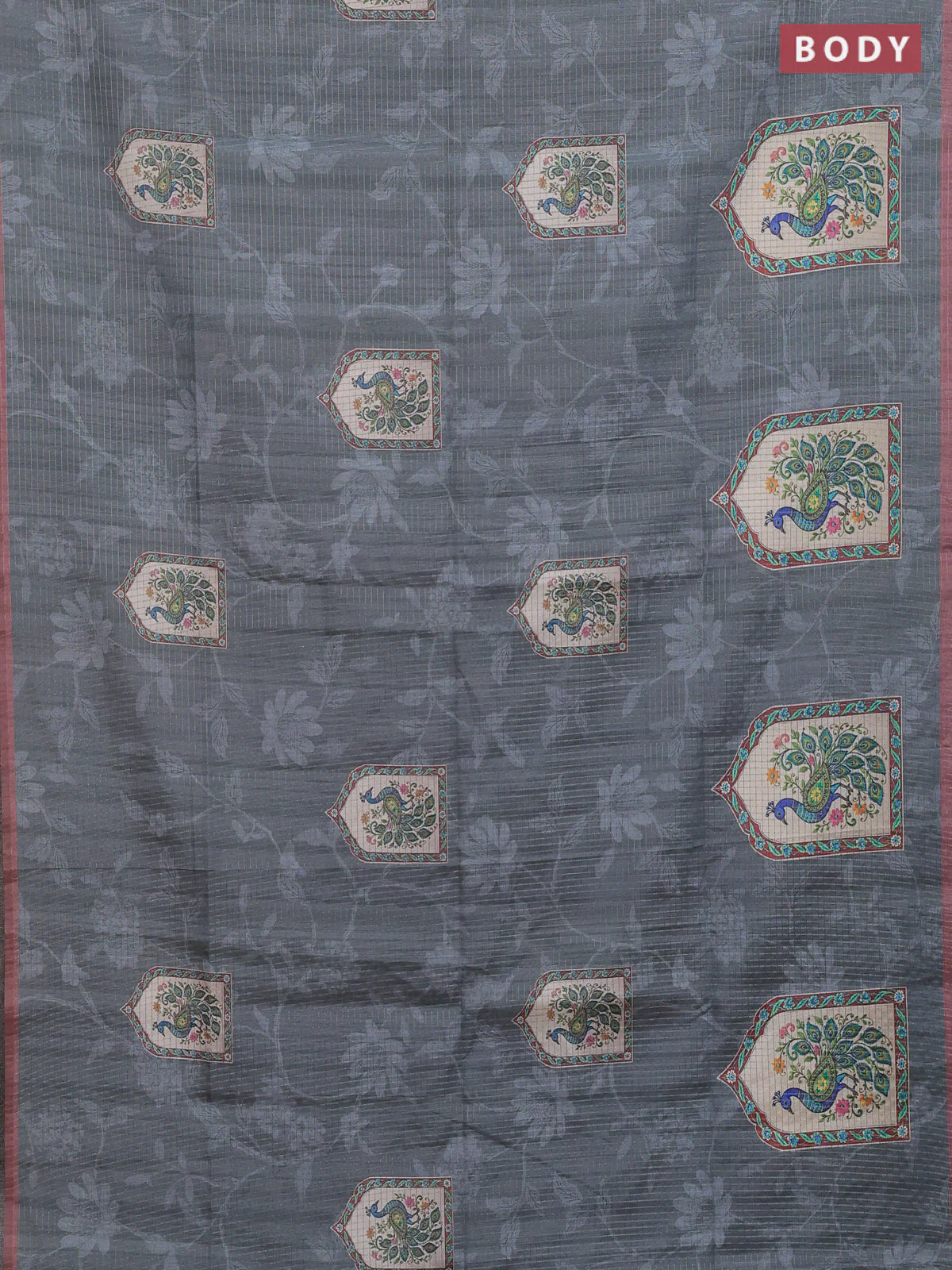 Chappa saree grey and pastel brown with allover zari checked pattern & digital prints and printed pallu - Image 2