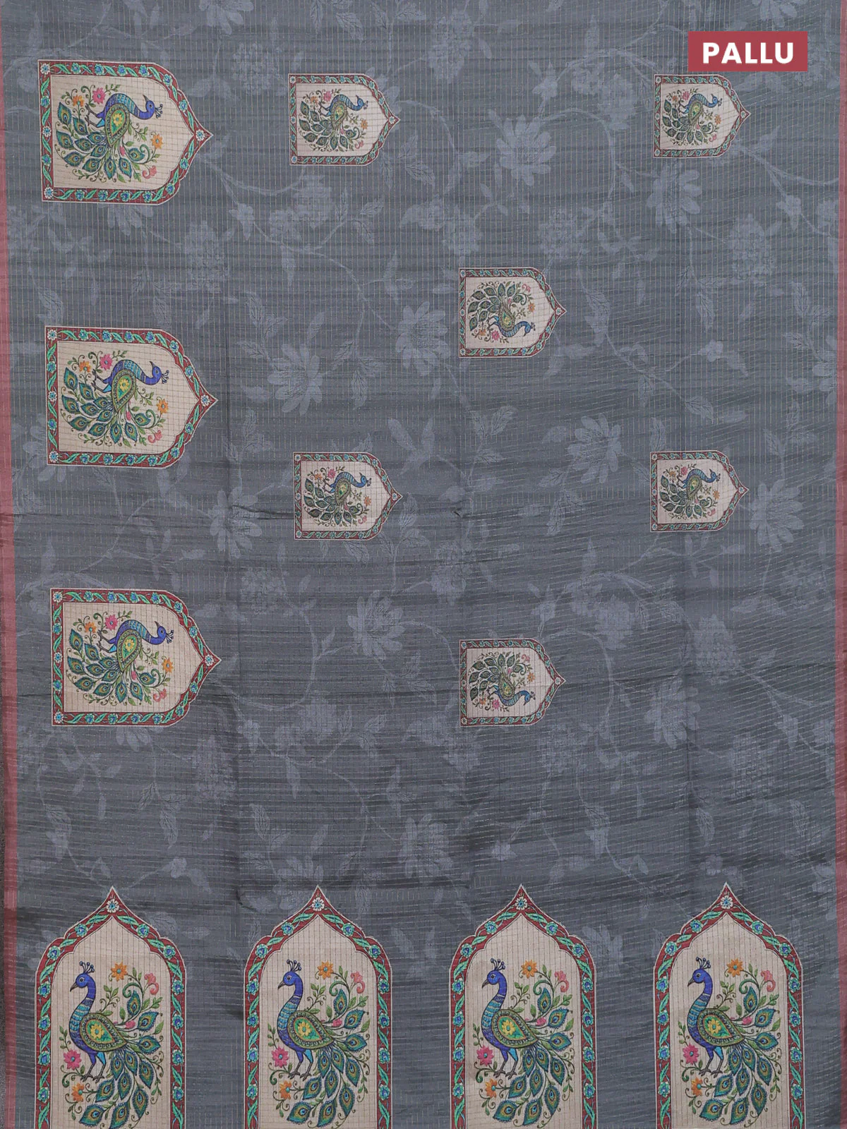 Chappa saree grey and pastel brown with allover zari checked pattern & digital prints and printed pallu - Image 3