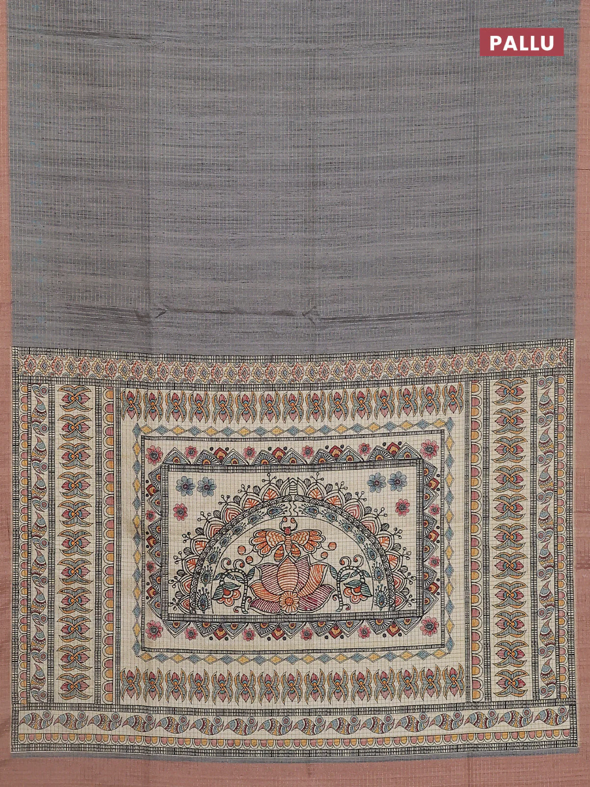 Chappa saree grey and peach shade with allover zari checked pattern and madhubani printed pallu - Image 3