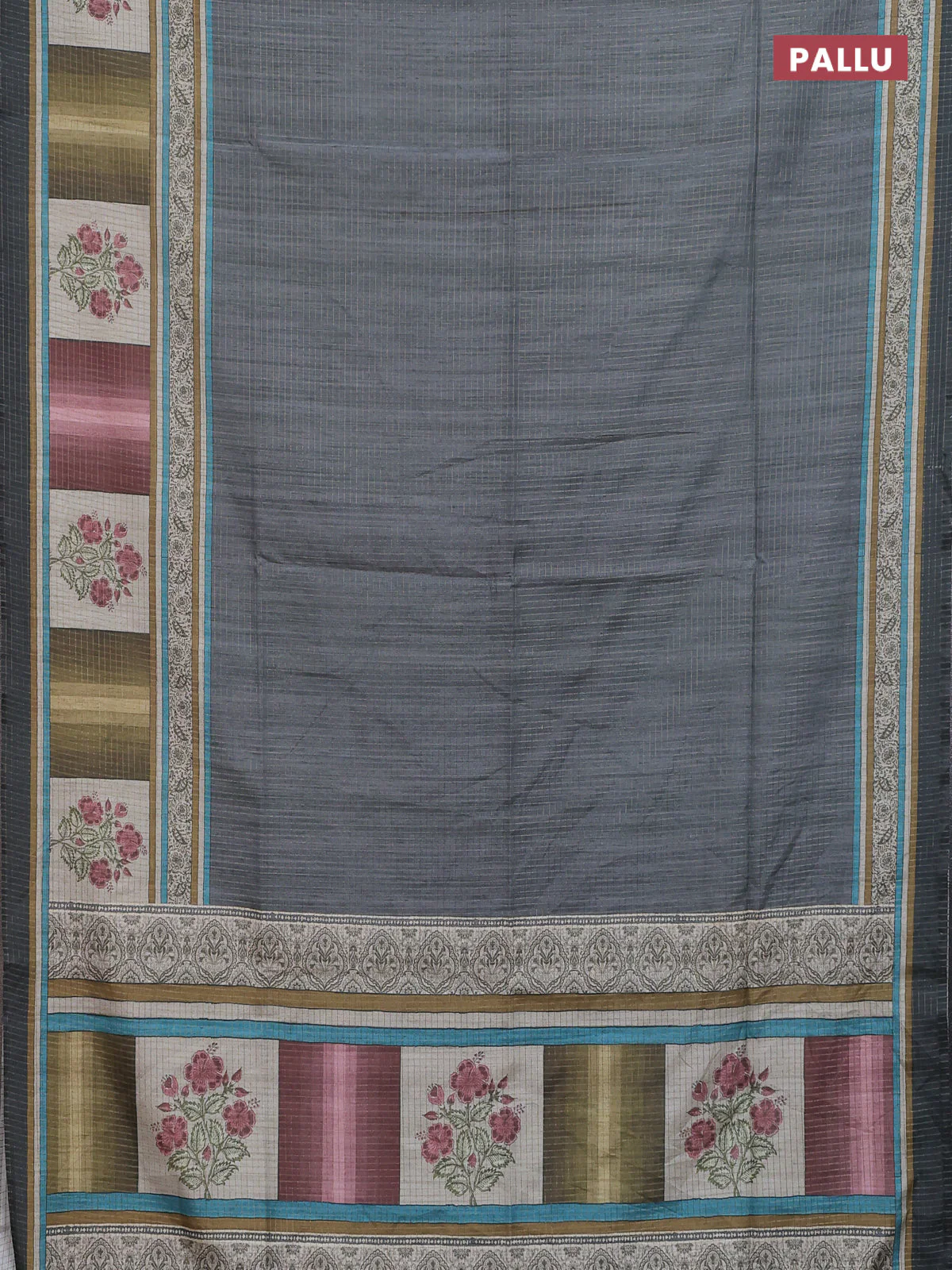 Chappa saree grey with allover zari checked pattern and printed pallu - Image 3