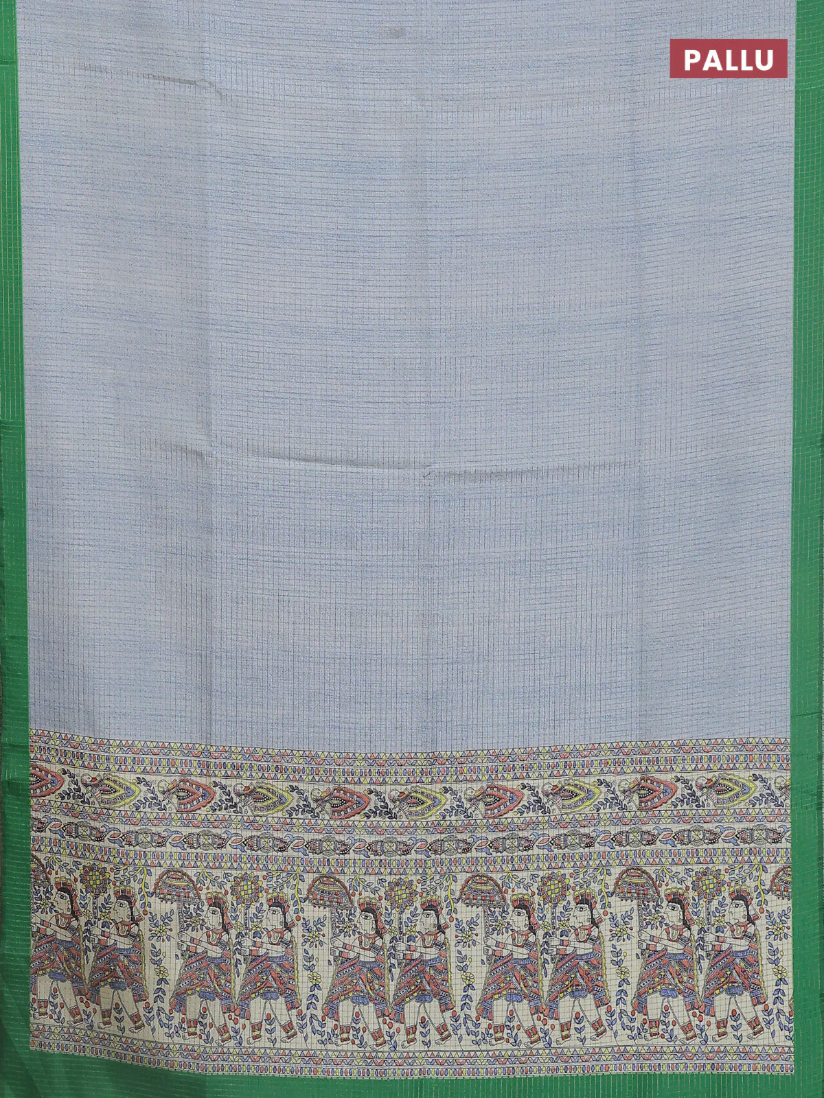 Chappa saree greyish blue and green with allover zari checked pattern and madhubani printed pallu - Image 3