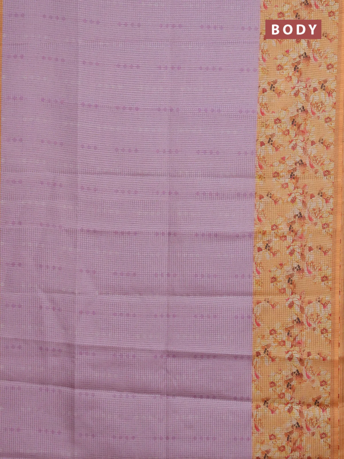 Chappa saree lavender and pale orange with allover small zari checked pattern and floral digital printed pallu - Image 2
