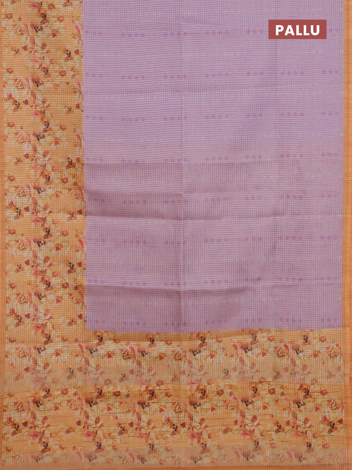 Chappa saree lavender and pale orange with allover small zari checked pattern and floral digital printed pallu - Image 3