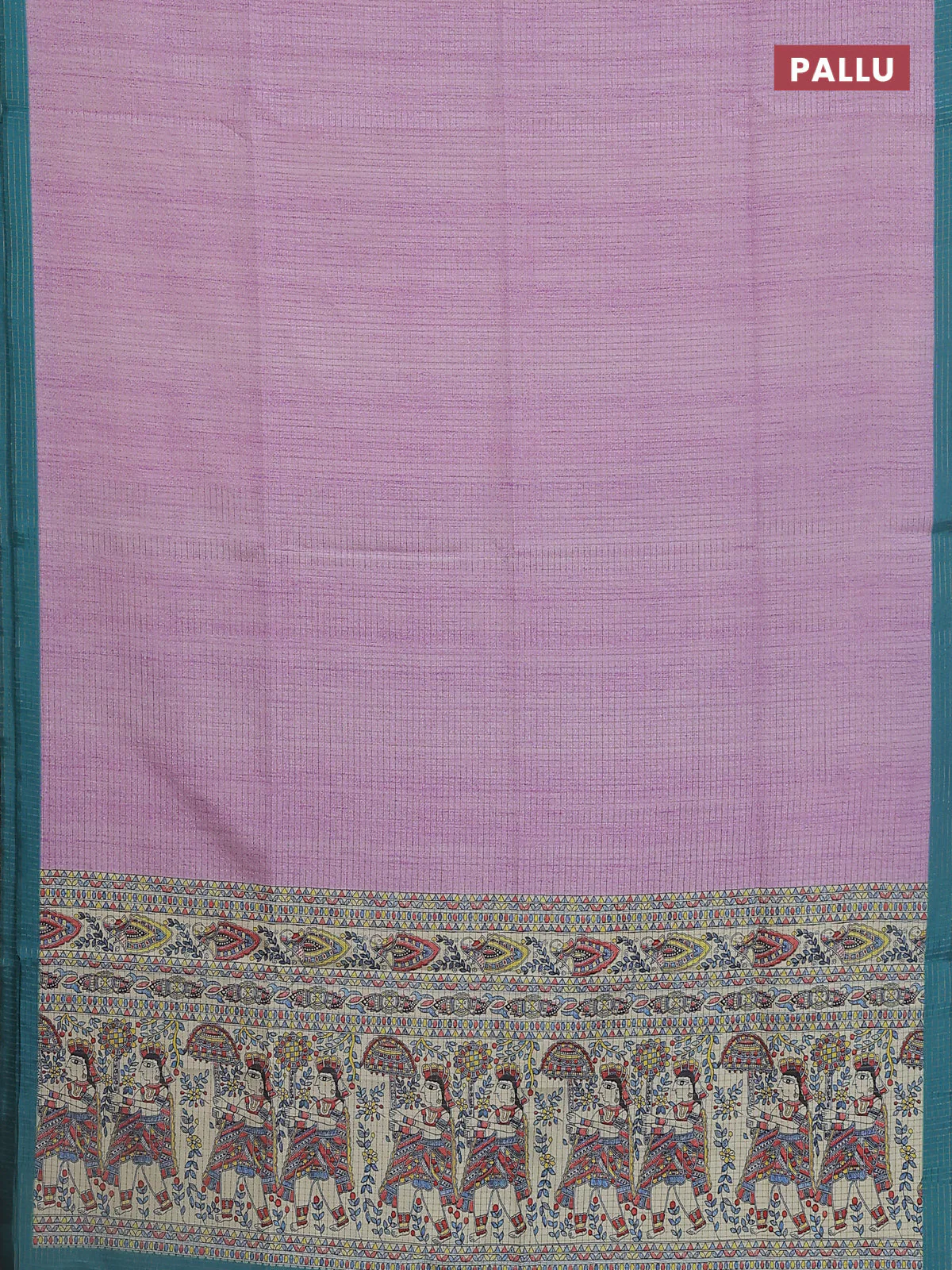 Chappa saree lavender and teal blue with allover zari checked pattern and madhubani printed pallu - Image 3