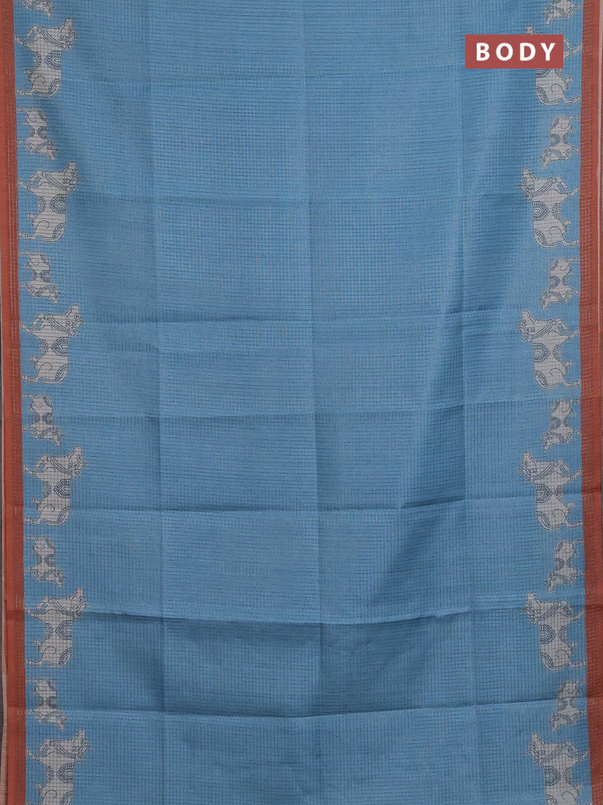 Chappa saree light blue and rust shade with allover small zari checked pattern and pichwai printed pallu - Image 2