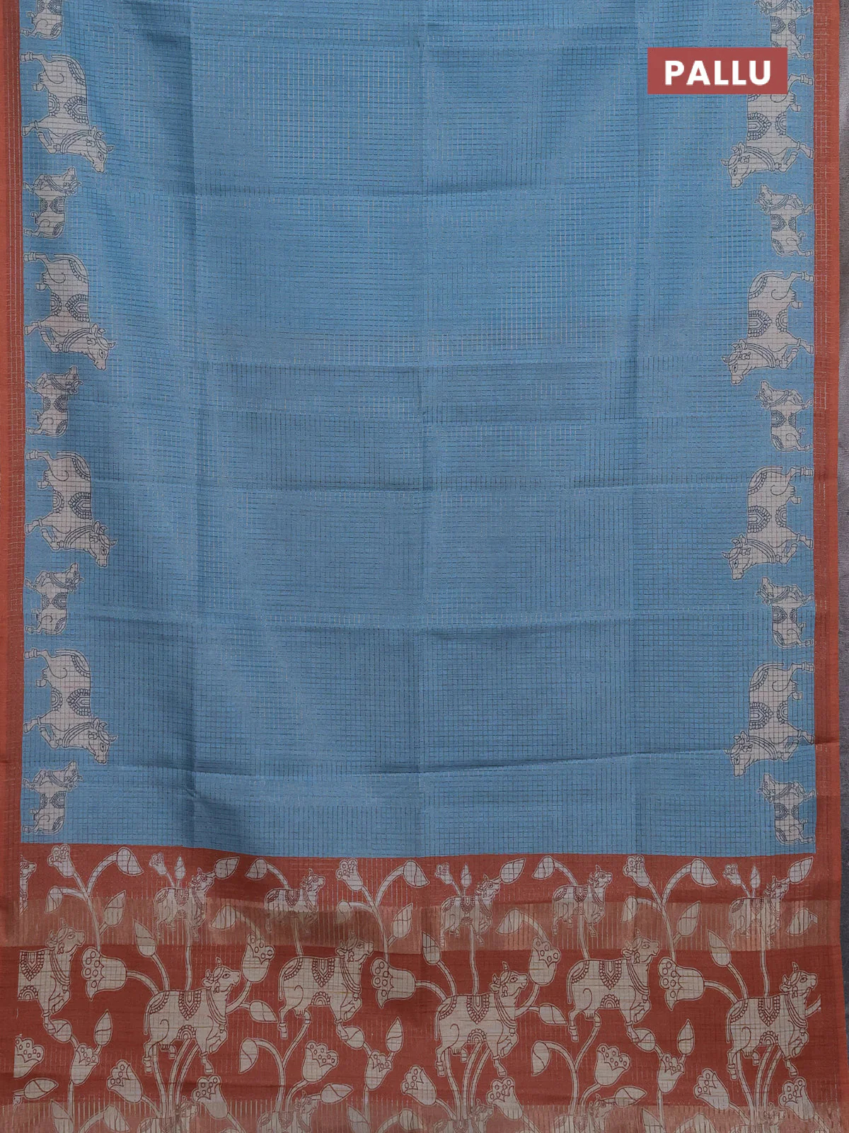 Chappa saree light blue and rust shade with allover small zari checked pattern and pichwai printed pallu - Image 3