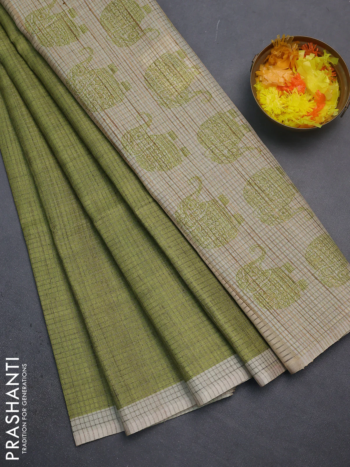 Chappa saree light green and beige with allover small zari checked pattern and elephant butta prints