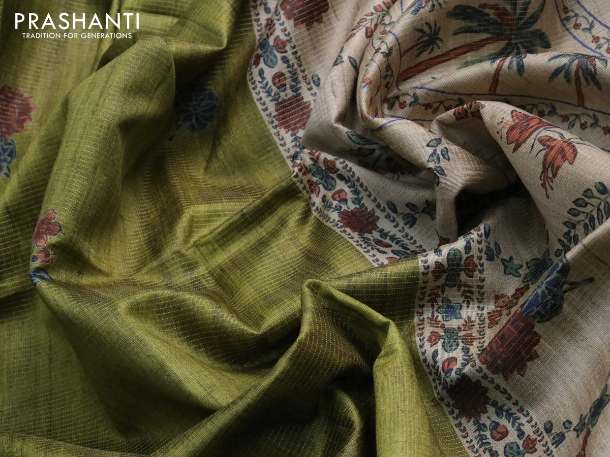 Chappa saree light green and beige with allover vairosi pattern & butta prints and printed border - Image 3