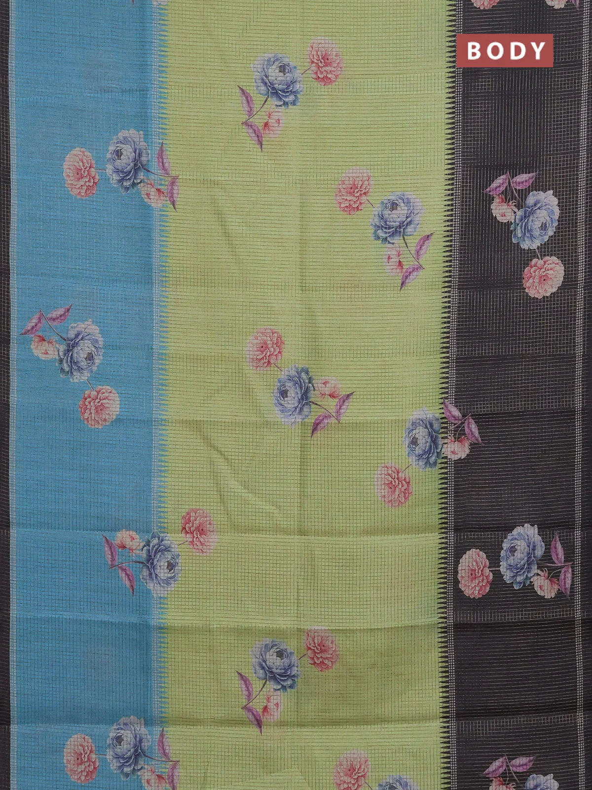 Chappa saree light green and black with allover small zari checked pattern & floral digital prints and ganga jamuna border - Image 2