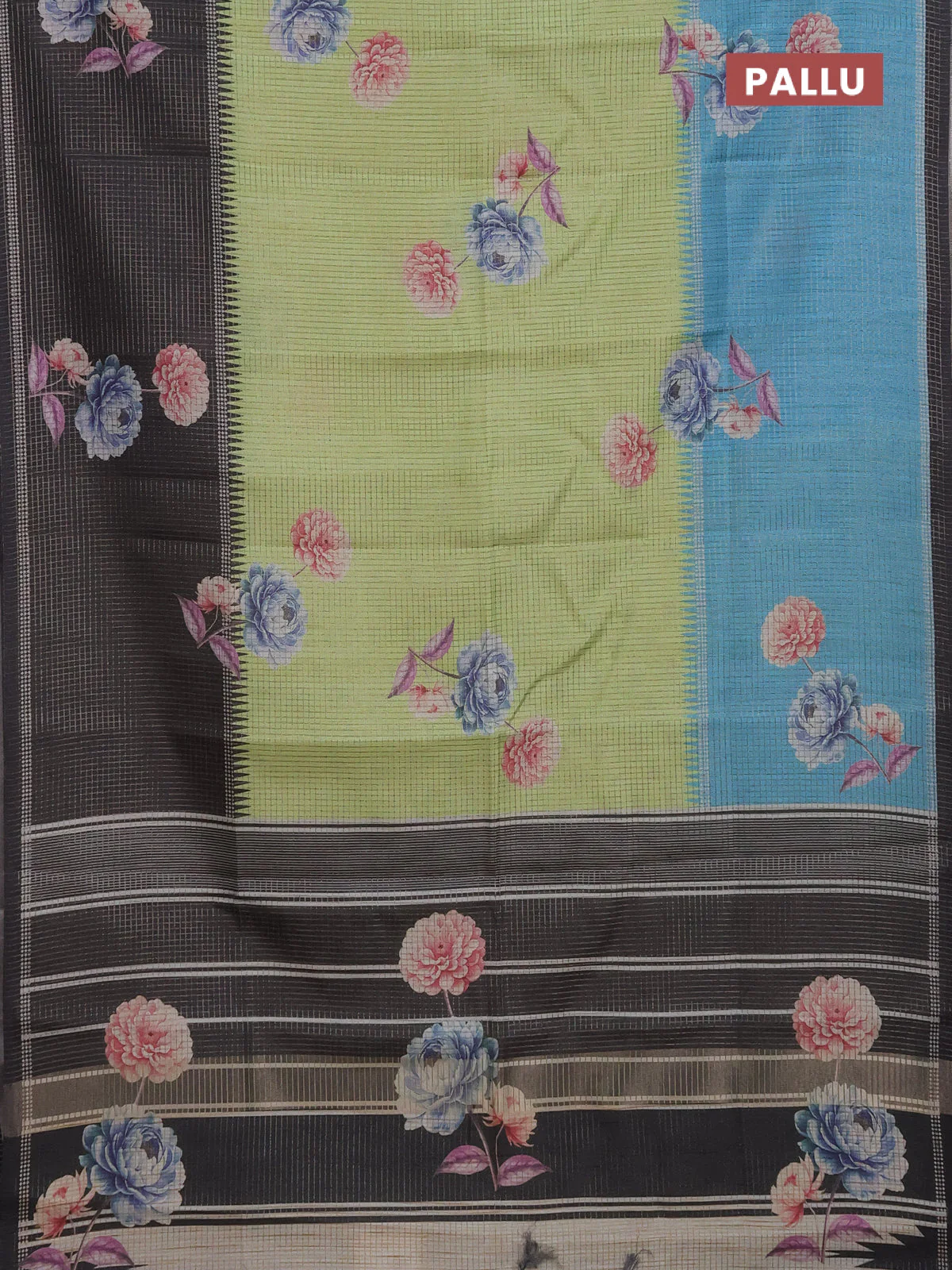 Chappa saree light green and black with allover small zari checked pattern & floral digital prints and ganga jamuna border - Image 3