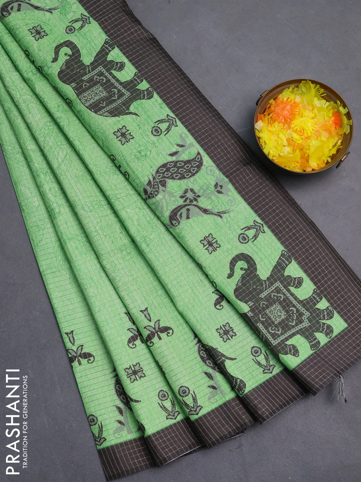 Chappa saree light green and black with allover zari checked pattern and printed pallu