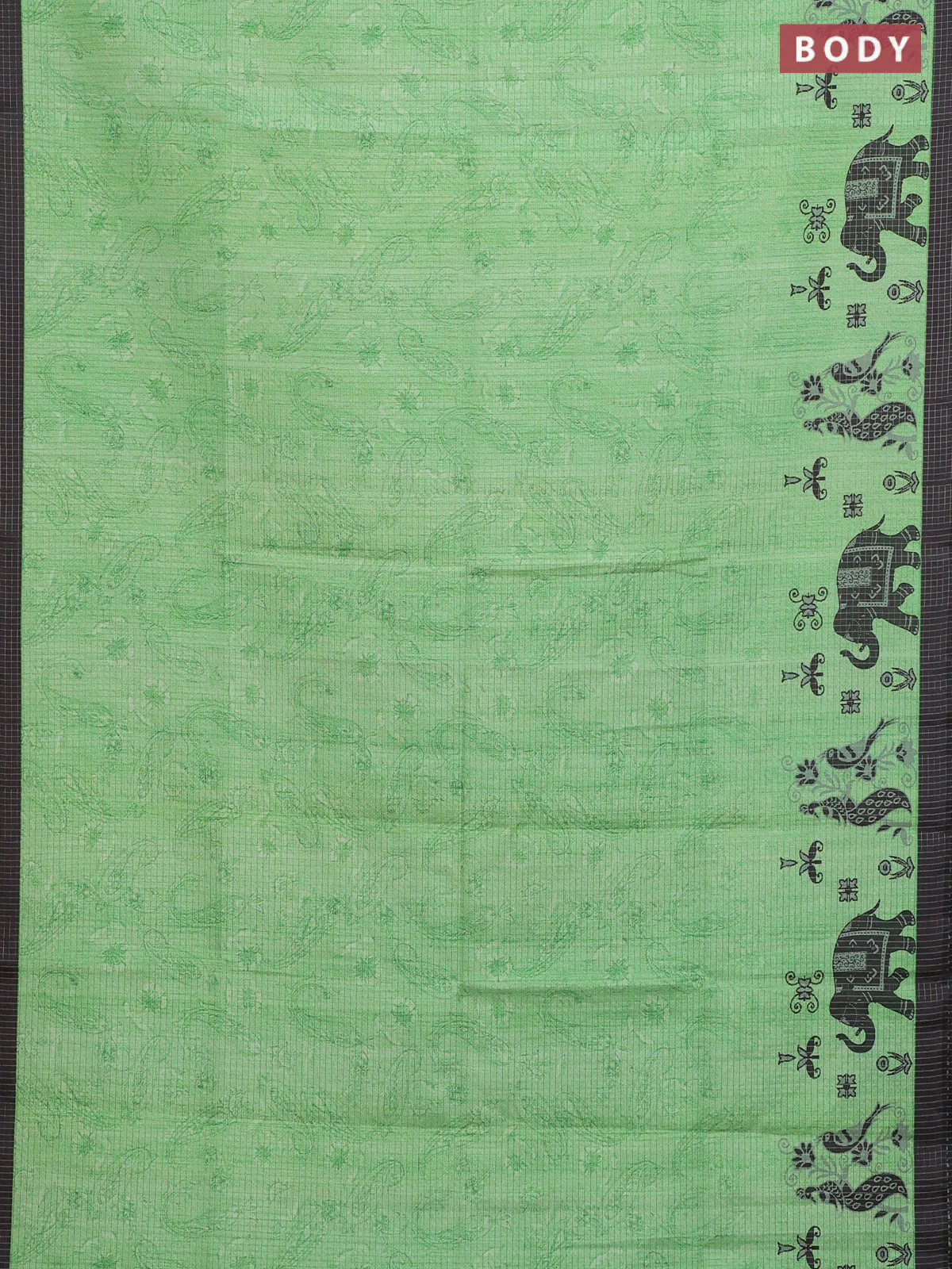 Chappa saree light green and black with allover zari checked pattern and printed pallu - Image 2